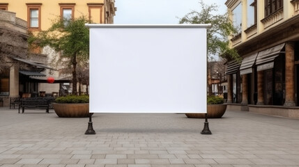 Blank roll up empty banner without alphabet design mockup, background blurred public place