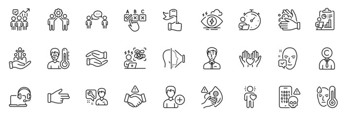 Fototapeta na wymiar Icons pack as Businessman person, Stress and Face id line icons for app include Business statistics, Leadership, Employees teamwork outline thin icon web set. Helping hand, Copyrighter. Vector