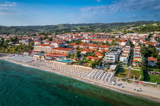 Panorama of Hanioti (Chaniotis or Chanioti) - small, beautiful tourist village by the sea on Kassandra peninsula, Halkidiki (Chalkidiki), Greece