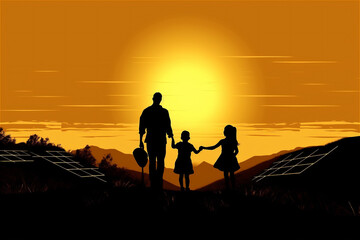 Fototapeta na wymiar Cartoon illustration of father with daughters and solar panels in sunset. Generative AI.