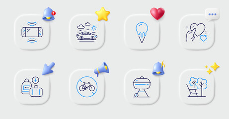 Add handbag, Bicycle prohibited and Hold heart line icons. Buttons with 3d bell, chat speech, cursor. Pack of Ice cream, Car travel, Game console icon. Deckchair, Grill pictogram. Vector