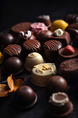 An assortment of fine chocolates. Chocolate candies with various fillings. AI generated