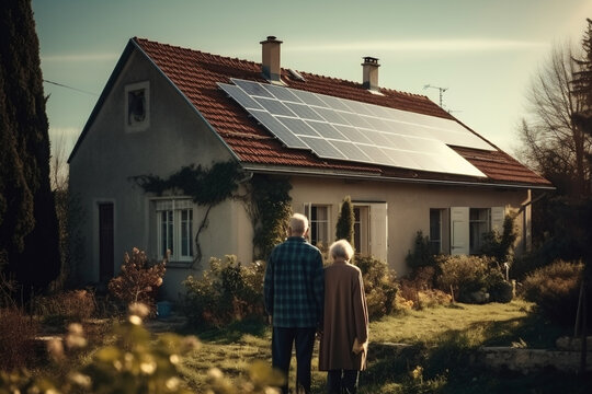 Rear view of senior couple in front house with solar panels. Generative AI.