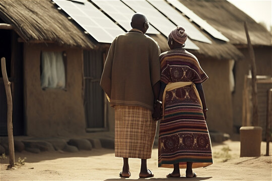 Rear view of senior african couple in traditional clothes front solar panels in Africa village. Generative AI.