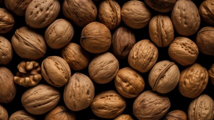 Walnuts top down view background close up