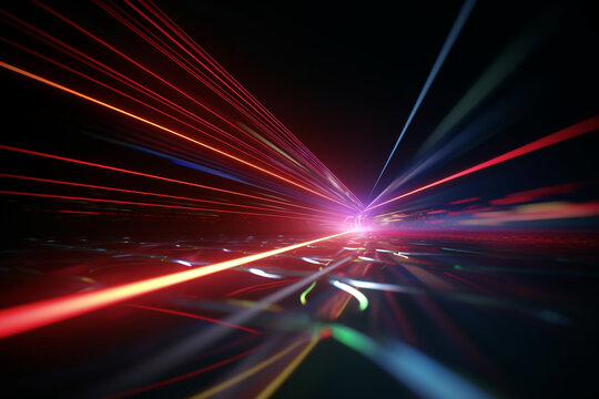 Technology concept. Laser beams and laser technology in dark background with copy space. Generative AI