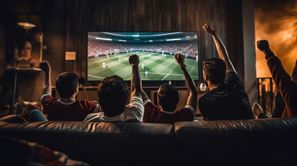 Group of students are watching a soccer moment on the TV and celebrating a goal. Generative Ai