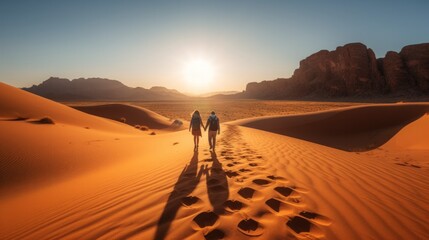 Fototapeta na wymiar Couple walking in a desert at sunset