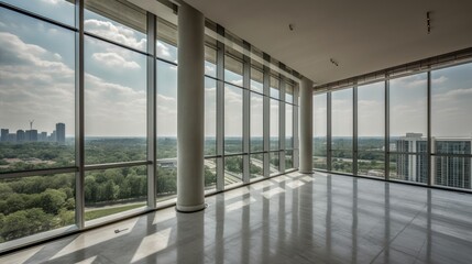Floor-to-ceiling windows with cityscape view. AI generated