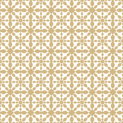 Vector ornamental seamless pattern. Simple gold and white floral ornament with small curved shapes, grid, lattice, mesh, flower silhouettes, tiles. Elegant golden background. Repetitive geo design