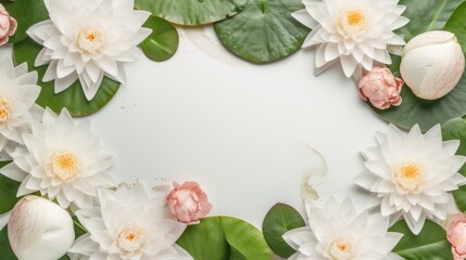 Waterlily flowers border decor banner with free copy space on white background