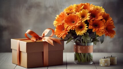 gift box and a bouquet of flowers in a vase