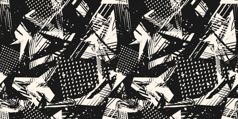 Abstract monochrome grunge seamless pattern. Urban art texture with paint splashes, chaotic shapes, lines, dots, patches. Sport graffiti style vector background. Black and white repeat sporty design © Olgastocker