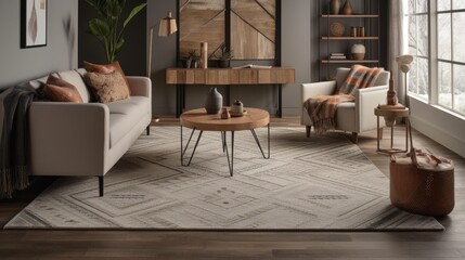 Geometric patterned area rug on hardwood flooring. AI generated