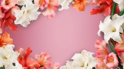 Frame made of gladioulus flowers on dark background with free copy space