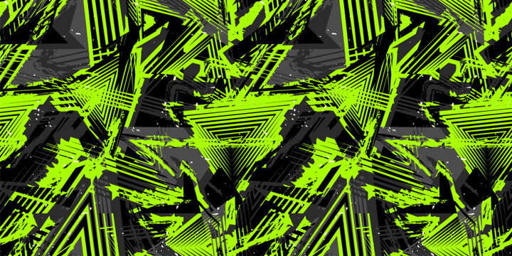 Trendy sport pattern. Abstract vector seamless grunge background. Urban art texture with neon lines, triangles, chaotic brush strokes, ink, splatter. Grunge graffiti pattern. Black and green design