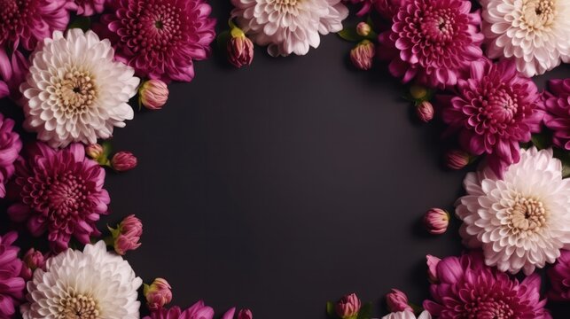 Frame made of chrysanthemum flowers on dark background with free copy space