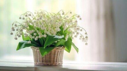 basket with lily of the valley flowers on a wooden white table