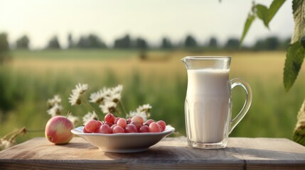 jug of milk with fresh fruit on a wooden table