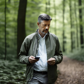 men in Forest with a mobiel or smartphone generative Ai