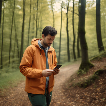 men in Forest with a mobiel or smartphone generative Ai