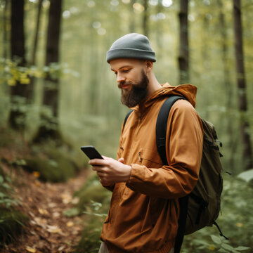 men in Forest with a mobiel or smartphone generative Ai