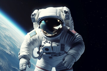 Obraz na płótnie Canvas Science fiction, technology concept. Astronaut with costume floating in space in background of planet Earth. Astronaut at spacewalk. Deep space exploration. Generative AI