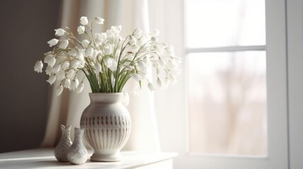 a vase with flowers snowdrops on a wooden table