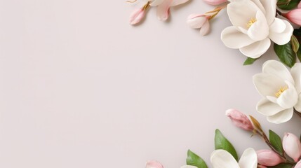 magnolia branches on a plain pink, white, gray background. copy space for text. . Generative AI