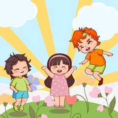 Cute playing jumping children in cartoon style against the background of the sun and sky, in a meadow with flowers world children's day