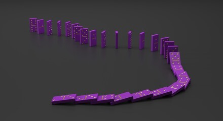 Domino, dominoes, dominoes in a row, purple dominoes with gold markings, chain reaction, dominoes falling in sequence (3d illustration)