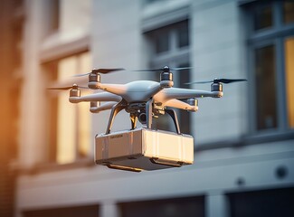 Package cardboard box drones fly above sky,business concept and air transportation industry, through rapid delivery,Unmanned aircraft robot to home,and controlled by remote artificial intelligence - obrazy, fototapety, plakaty