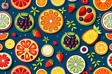 pattern with Summer Fruits, A bright and colorful pattern featuring a variety of summer fruits like strawberries, oranges, and grapes