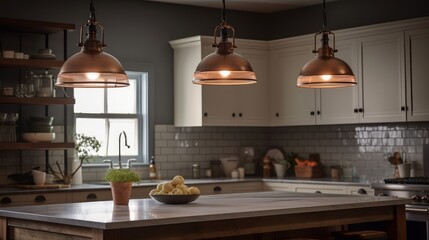 Industrial-style pendant lighting over kitchen island. AI generated