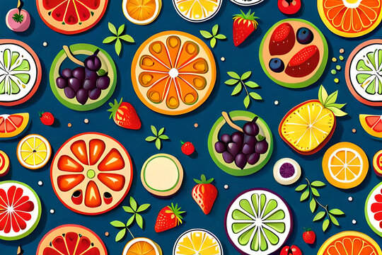pattern with Summer Fruits, A bright and colorful pattern featuring a variety of summer fruits like strawberries, oranges, and grapes