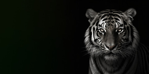 Black and white photorealistic studio portrait of a Tiger on black background. Generative AI illustration