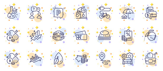 Outline set of Boarding pass, Growth chart and Coffee pot line icons for web app. Include Parking, Chemistry lab, Accounting report pictogram icons. Consumption growth, Home insurance. Vector