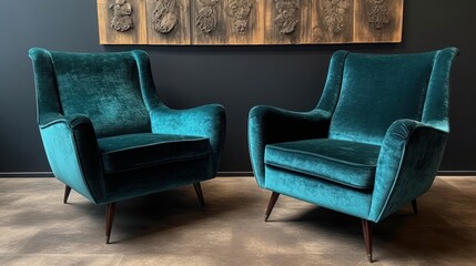 Mid-century modern armchairs in velvet fabric. AI generated