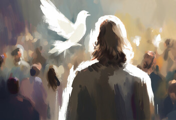 Jesus Christ with a dove. Generative AI illustration - obrazy, fototapety, plakaty