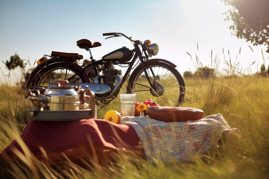 Vintage Charm: Evening Picnic by the Antique Motorcycle