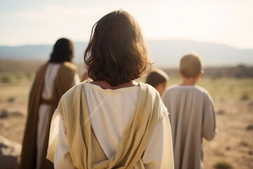 Children following and listening to Jesus. Generative AI illustration
