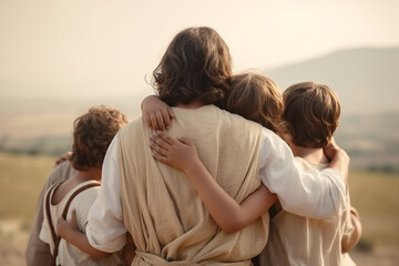 Fototapeta Children hugging and listening to Jesus. Back view. Generative AI illustration obraz