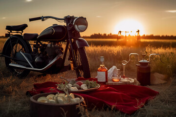 Vintage Charm: Evening Picnic by the Antique Motorcycle