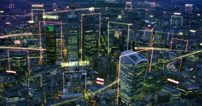 
Aerial view of Smart City Skyline with Futuristic Neon Style Technological Concepts, Computer Network and Big Data Connections. Metaverse, Augmented Reality, VR, IOT over London.
