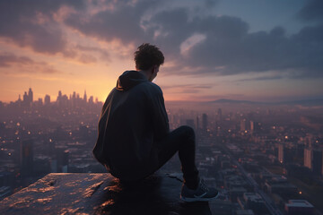 Lonely man looking at a city from high point. Generative AI illustration