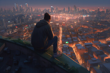 Lonely man looking at a city from high point. Generative AI illustration