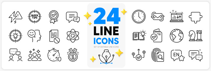 Icons set of Idea, Inspect and Employees messenger line icons pack for app with Correct way, Sound check, Wrong file thin outline icon. Lightning bolt, Refresh mail, Approved pictogram. Vector