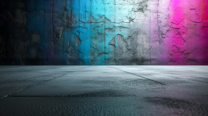 Textured concrete background with colorful backlight, generative AI.