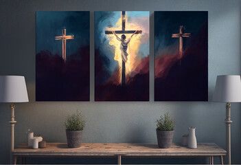 Jesus cross painting on a wall interior. Generative AI illustration