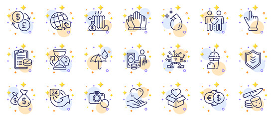 Outline set of Radiator, World medicine and Donation line icons for web app. Include 24 hours, Ice cream milkshake, Money exchange pictogram icons. Recovery photo, Waterproof umbrella. Vector
